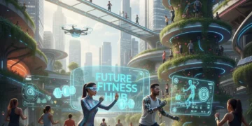 Futuristic fitness activities with diverse people and AI integration for peak wellness in 2026.