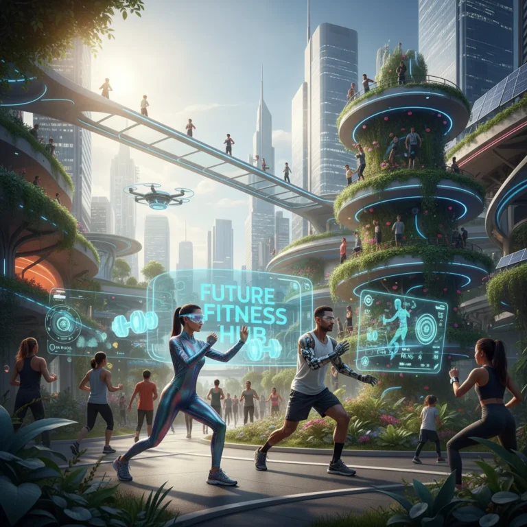 Futuristic fitness activities with diverse people and AI integration for peak wellness in 2026.