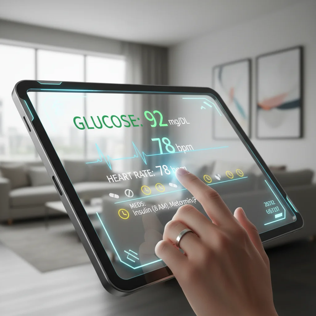 Person interacting with a futuristic health monitoring tablet