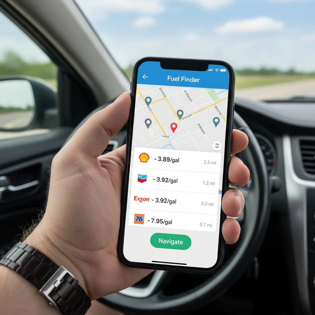 Smartphone displaying a gas price tracking app for fuel savings.