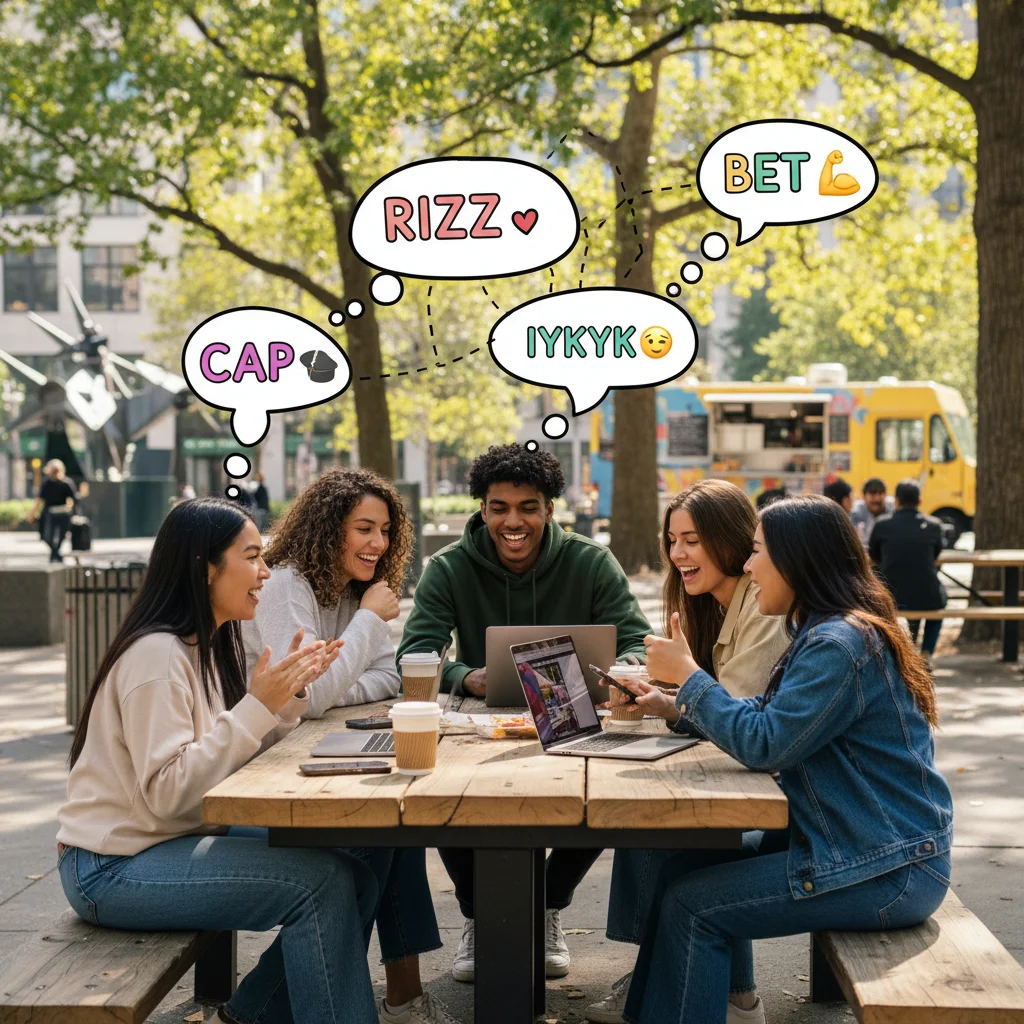 Diverse Gen Z group conversing with thought bubbles showing popular slang terms like 'rizz' and 'cap'.