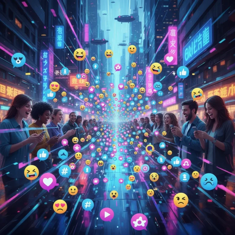 Dynamic digital art showing Gen Z slang, emojis, and text bubbles swirling in a futuristic setting.