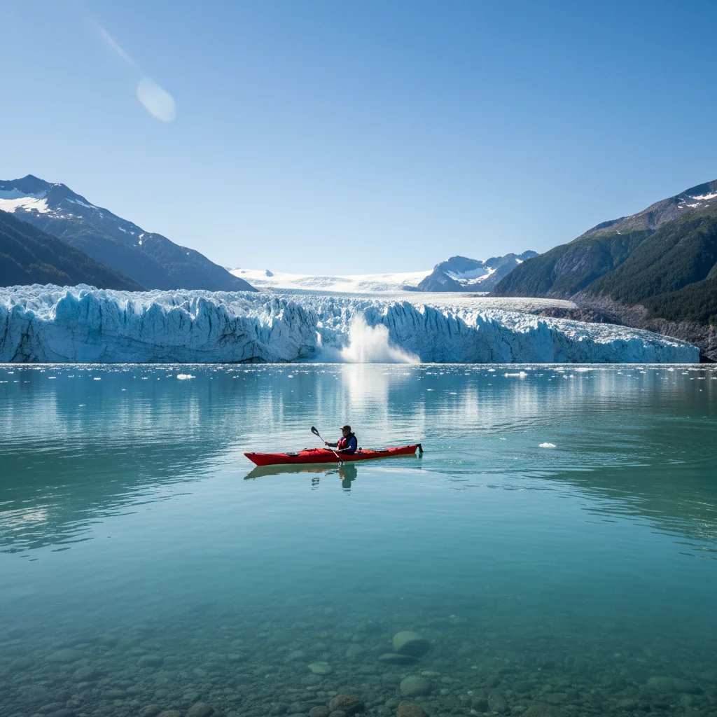 Kayaker in Glacier Bay National Park with calving glaciers