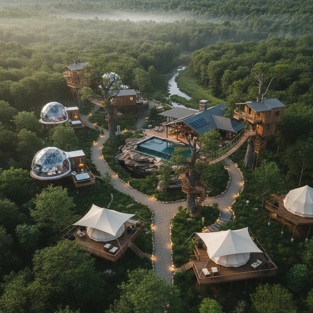 Aerial view of diverse glamping resort in lush forest
