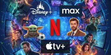 Global streaming impact, diverse series logos, interconnected screens