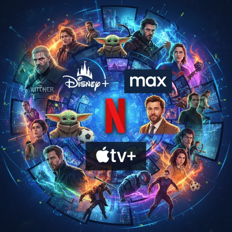 Global streaming impact, diverse series logos, interconnected screens