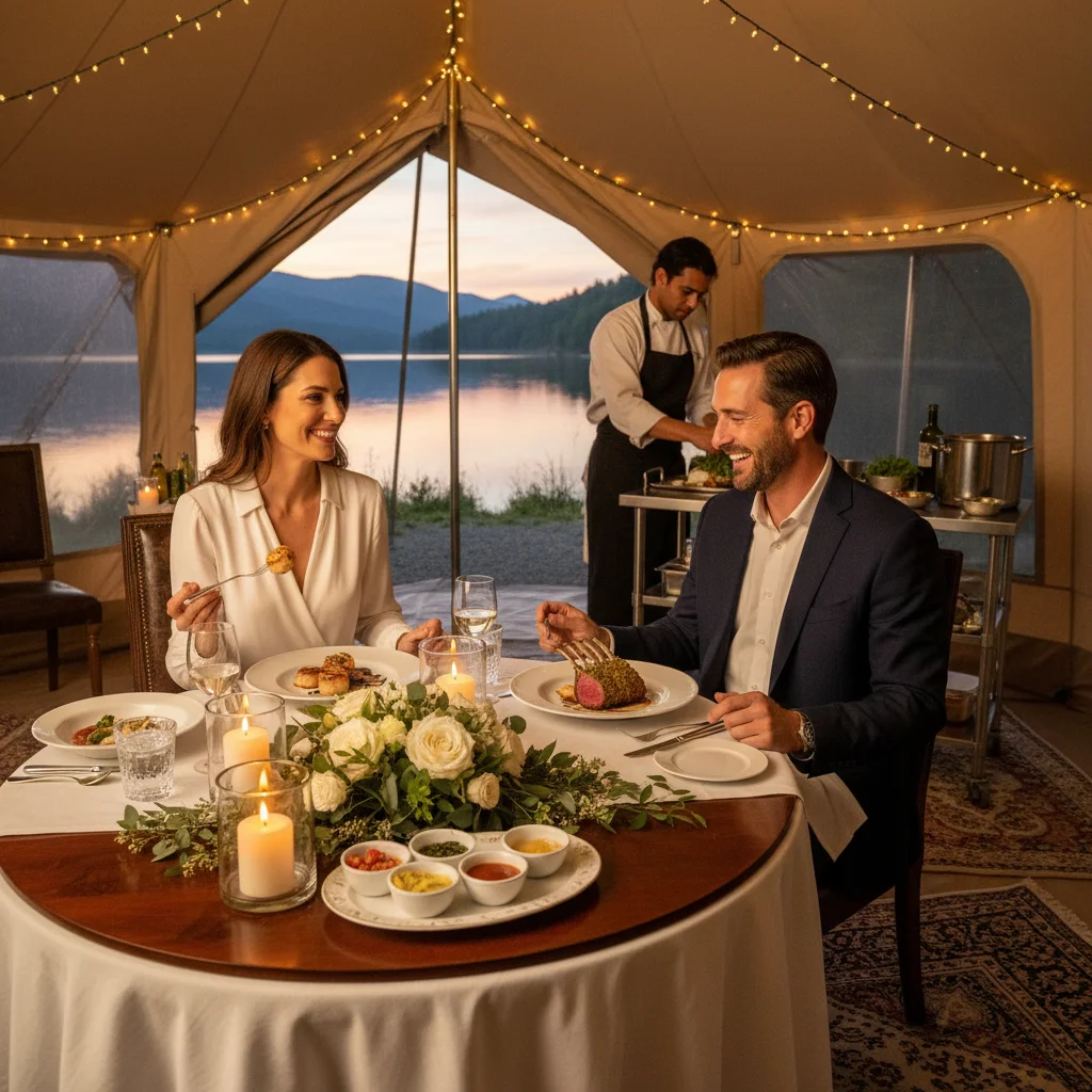 Couple enjoying gourmet meal inside luxury glamping tent by lake