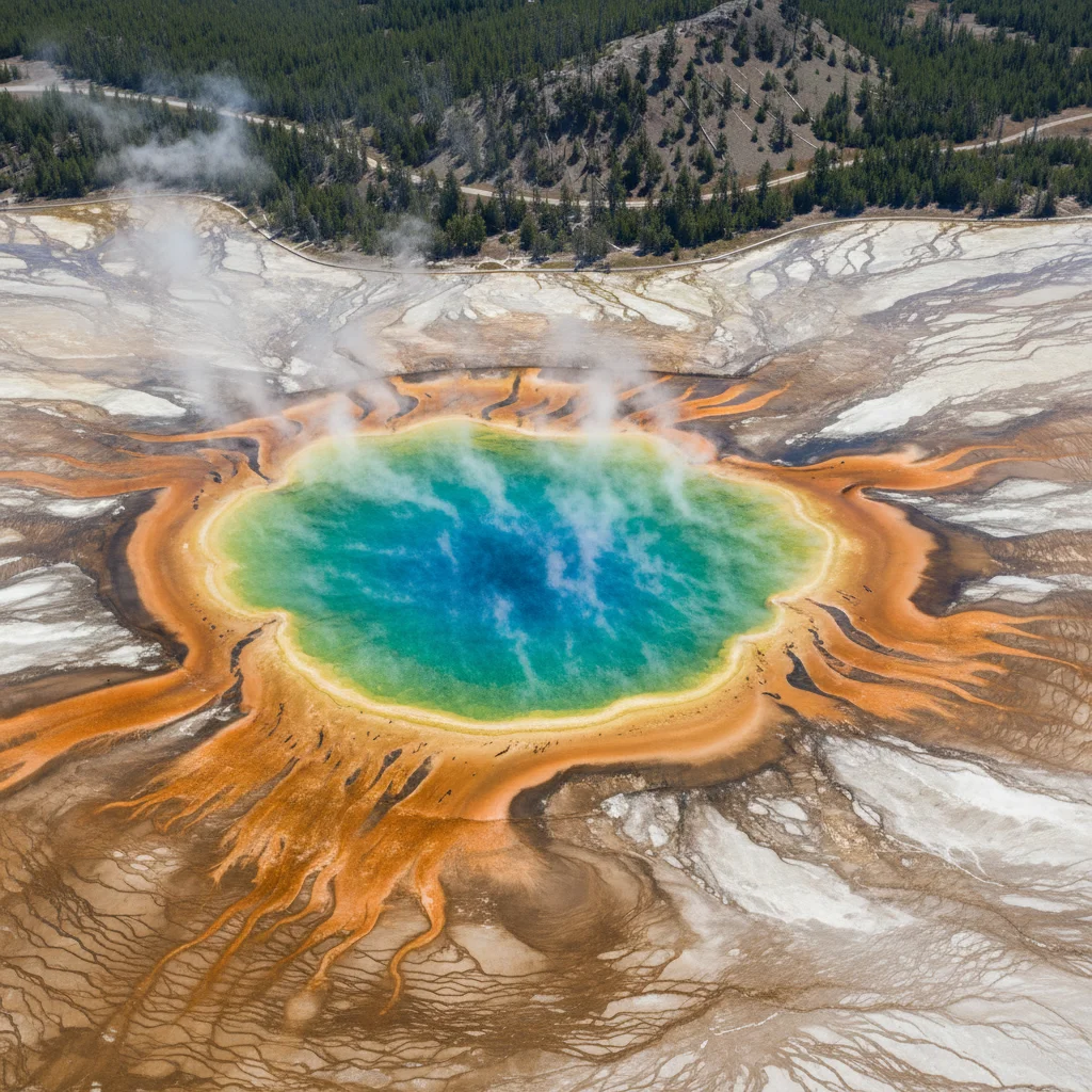 Grand Prismatic Spring vibrant aerial view Yellowstone