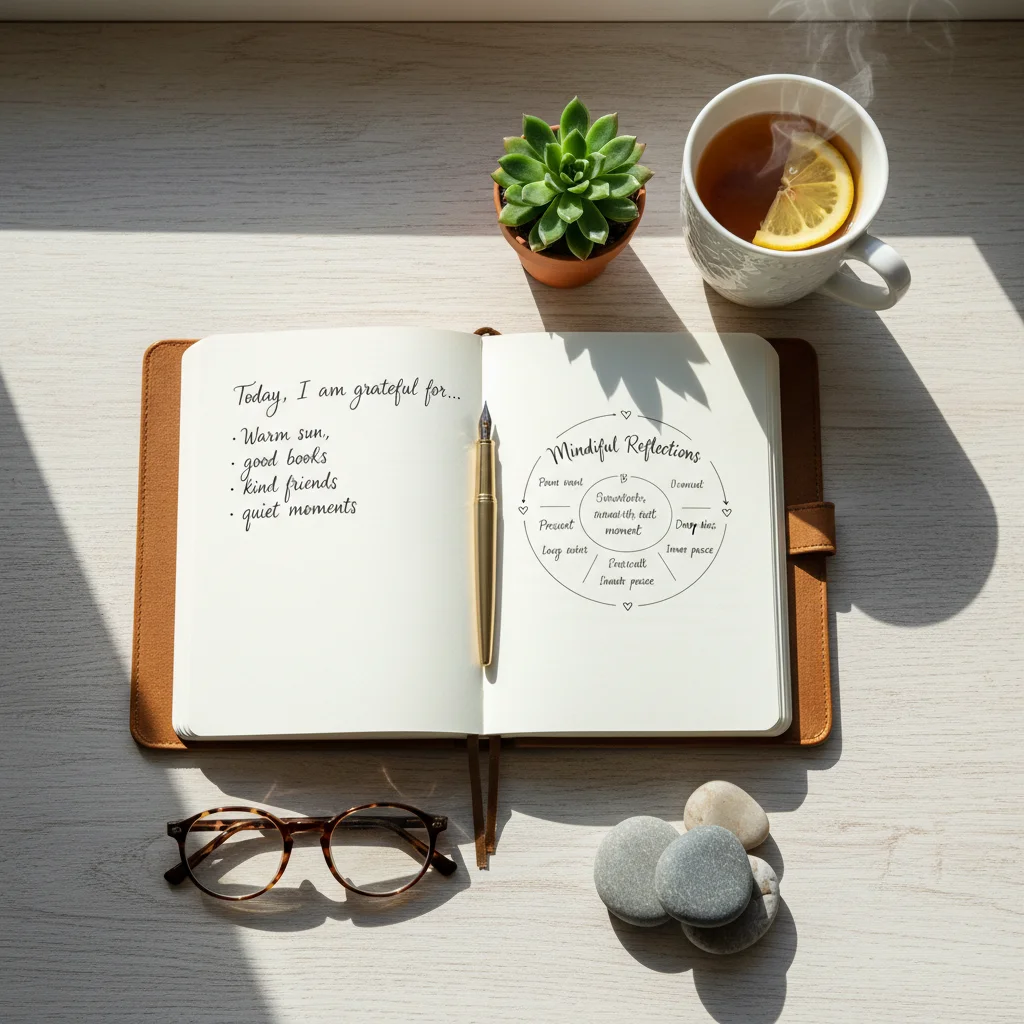 Gratitude journal, pen, tea, and plant, symbolizing mindful reflection.