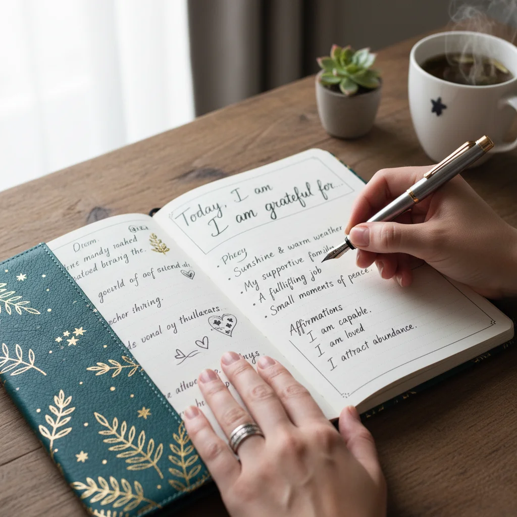 Hands writing in a gratitude journal, expressing daily appreciation