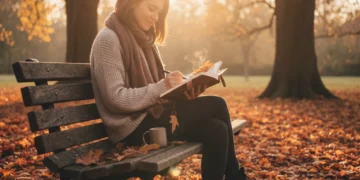 Cultivating Gratitude: 3 Daily Practices to Enhance Your Outlook on Life by Year-End Person journaling in a park at sunset, practicing gratitude