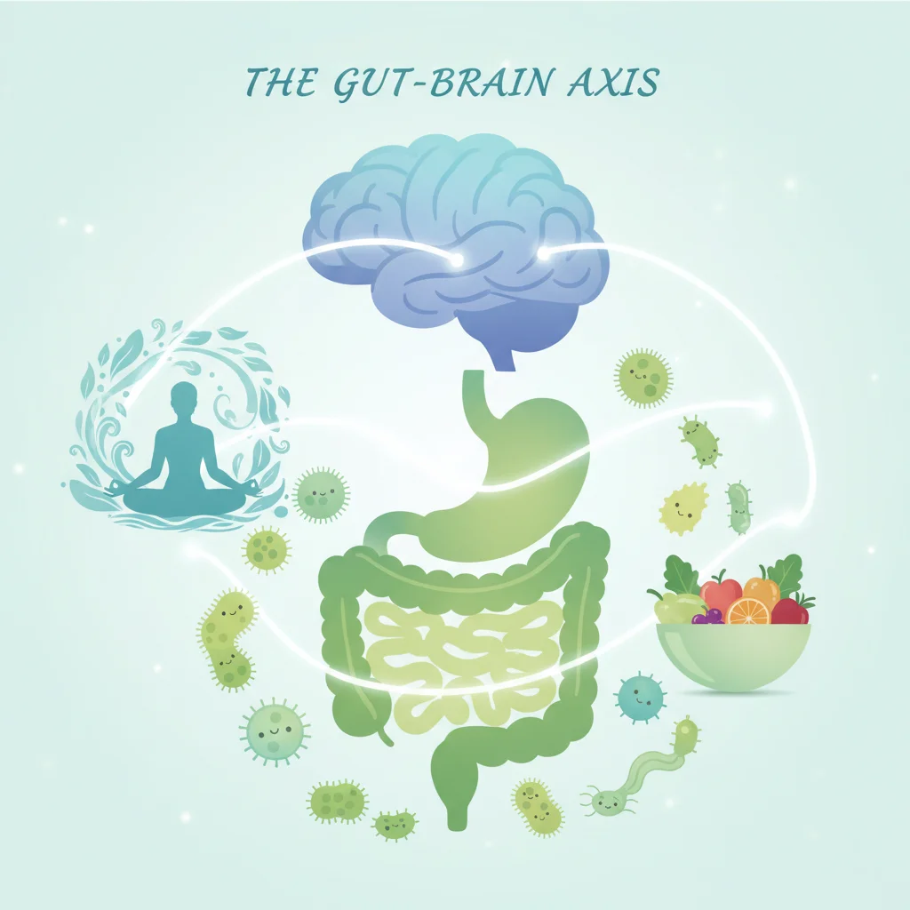 Diagram illustrating the gut-brain axis with beneficial bacteria and mindful lifestyle elements