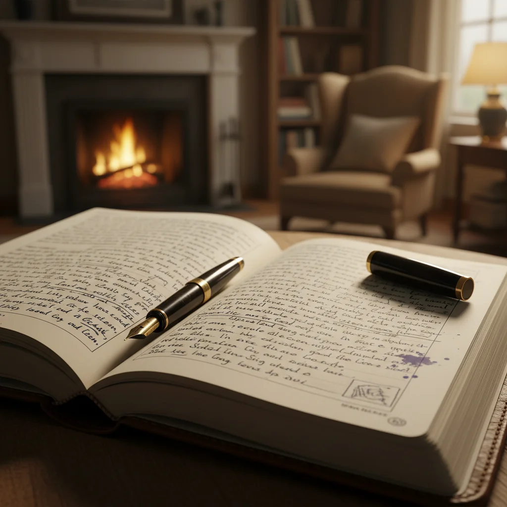 Close-up of handwritten journal entry with pen on page