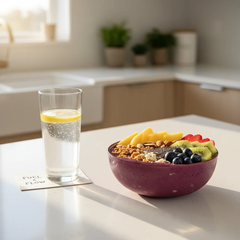 Healthy smoothie bowl and water for energetic morning nutrition