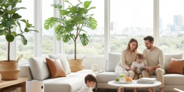 Achieve Home Wellness: 3 US Strategies for a Healthier 2026 Family enjoying a healthy, bright living room with an air purifier and plants.