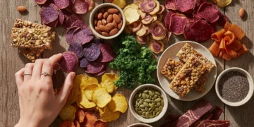 Assortment of healthy and innovative snack trends including plant-based jerky, vegetable chips, and functional protein bars.