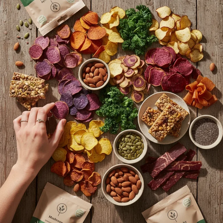 Assortment of healthy and innovative snack trends including plant-based jerky, vegetable chips, and functional protein bars.