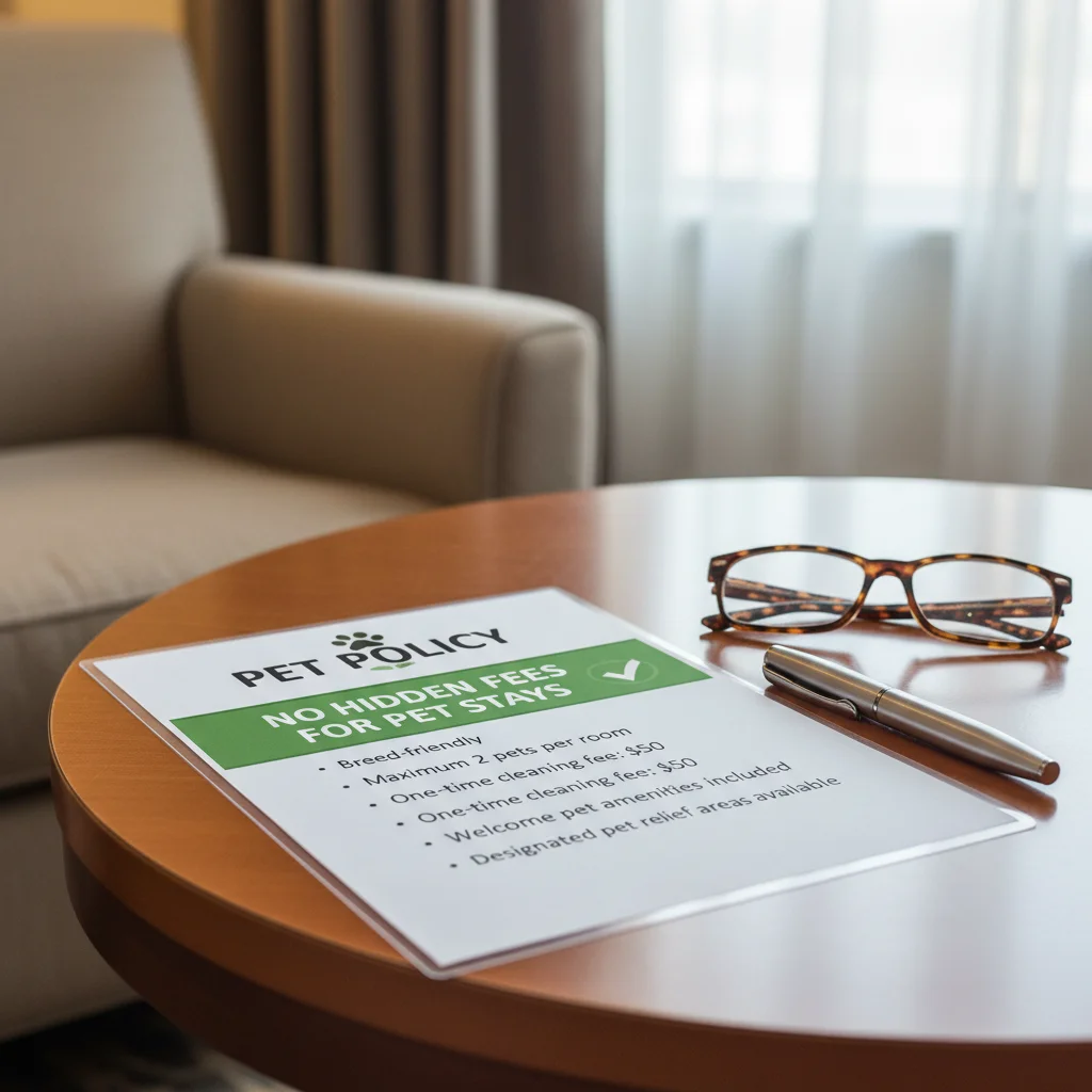 Detailed hotel pet policy document emphasizing 'no hidden fees' for transparency, with reading glasses on a wooden table.