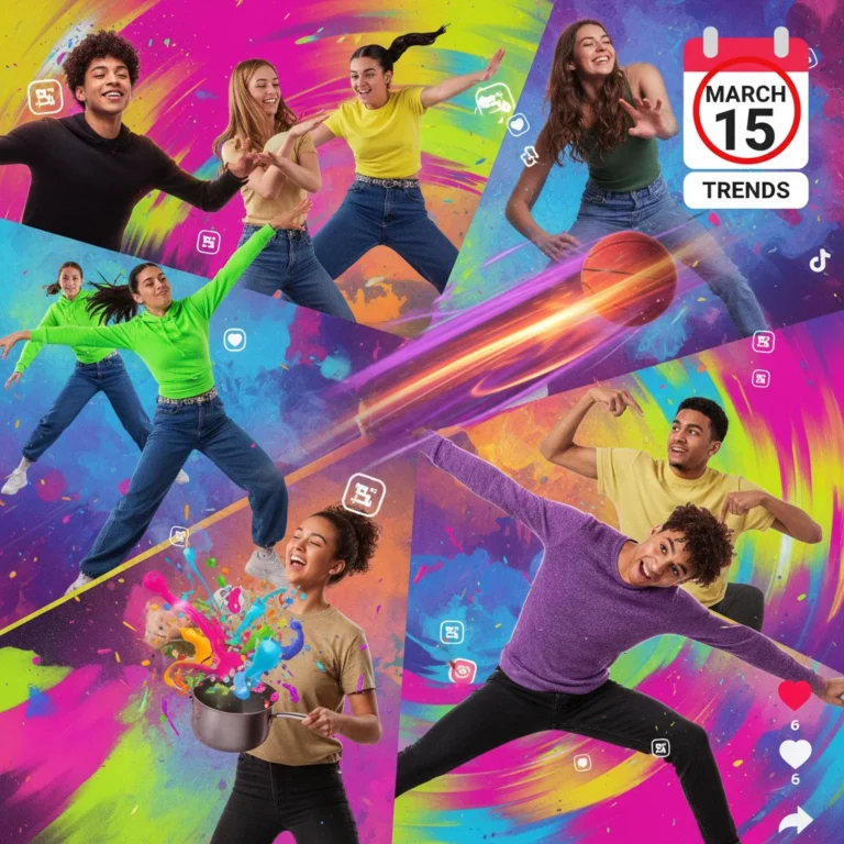 Diverse group of young people engaging in popular TikTok challenges with energetic expressions and a March 15th date.