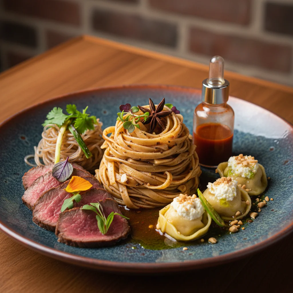 Exquisitely plated hyper-regional fusion dish combining diverse culinary traditions.
