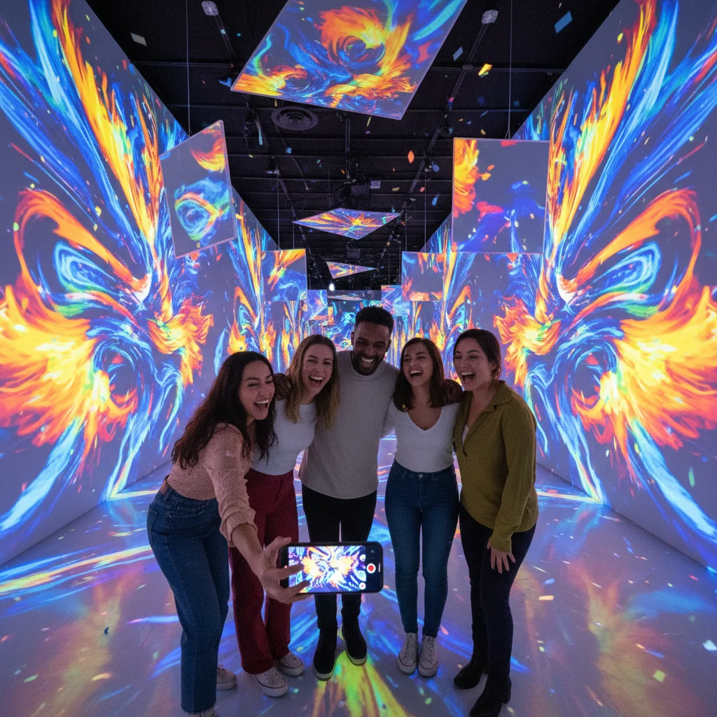 Friends enjoying an immersive art exhibit, taking a joyful selfie amidst vibrant digital projections.
