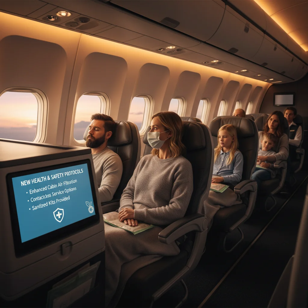 Airline cabin with passenger viewing health and safety protocols on in-flight screen
