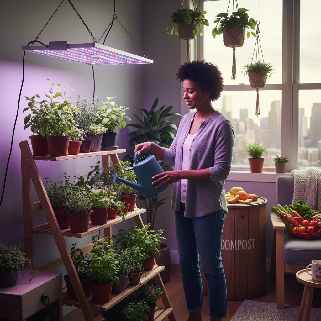 Person tending indoor herb garden with LED lights and compost bin.