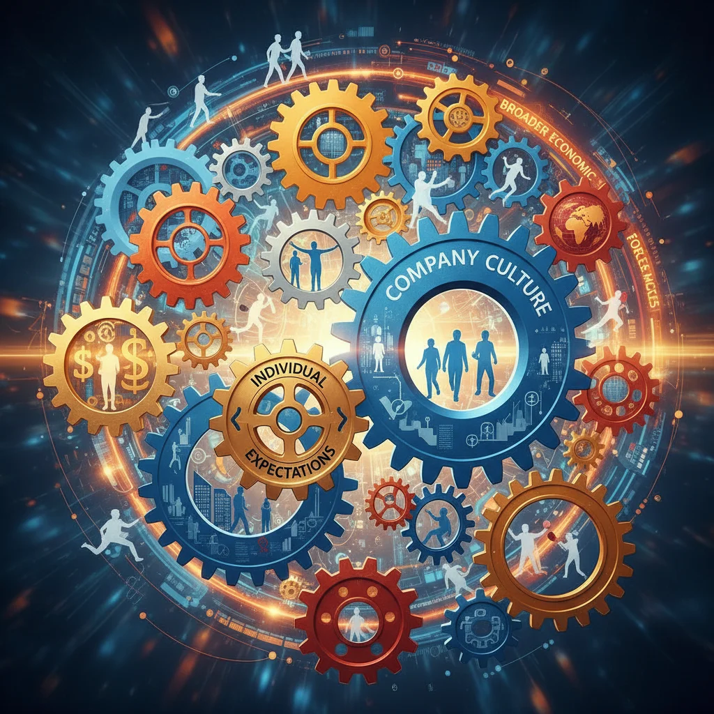 Interconnected gears and human silhouettes symbolizing the complex interplay of employee expectations, company culture, and economic forces in the evolving labor market.