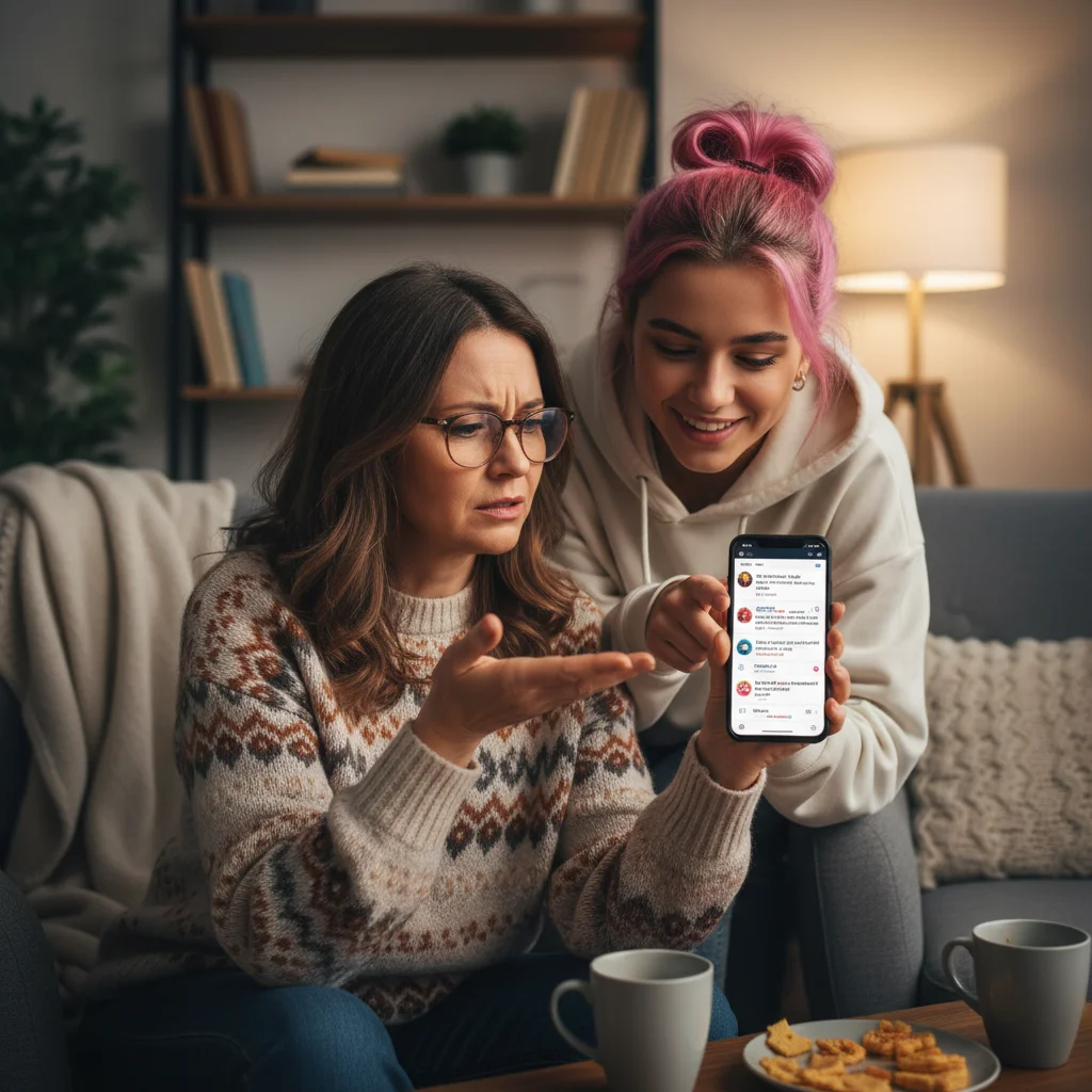 Older person looking confused at Gen Z slang on a phone, with a younger person explaining.