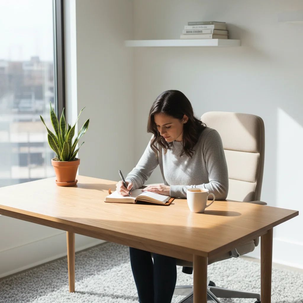 Person journaling in a bright home office, focused on daily planning