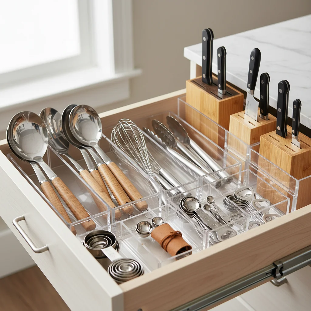 Kitchen drawer with bamboo utensil organizer