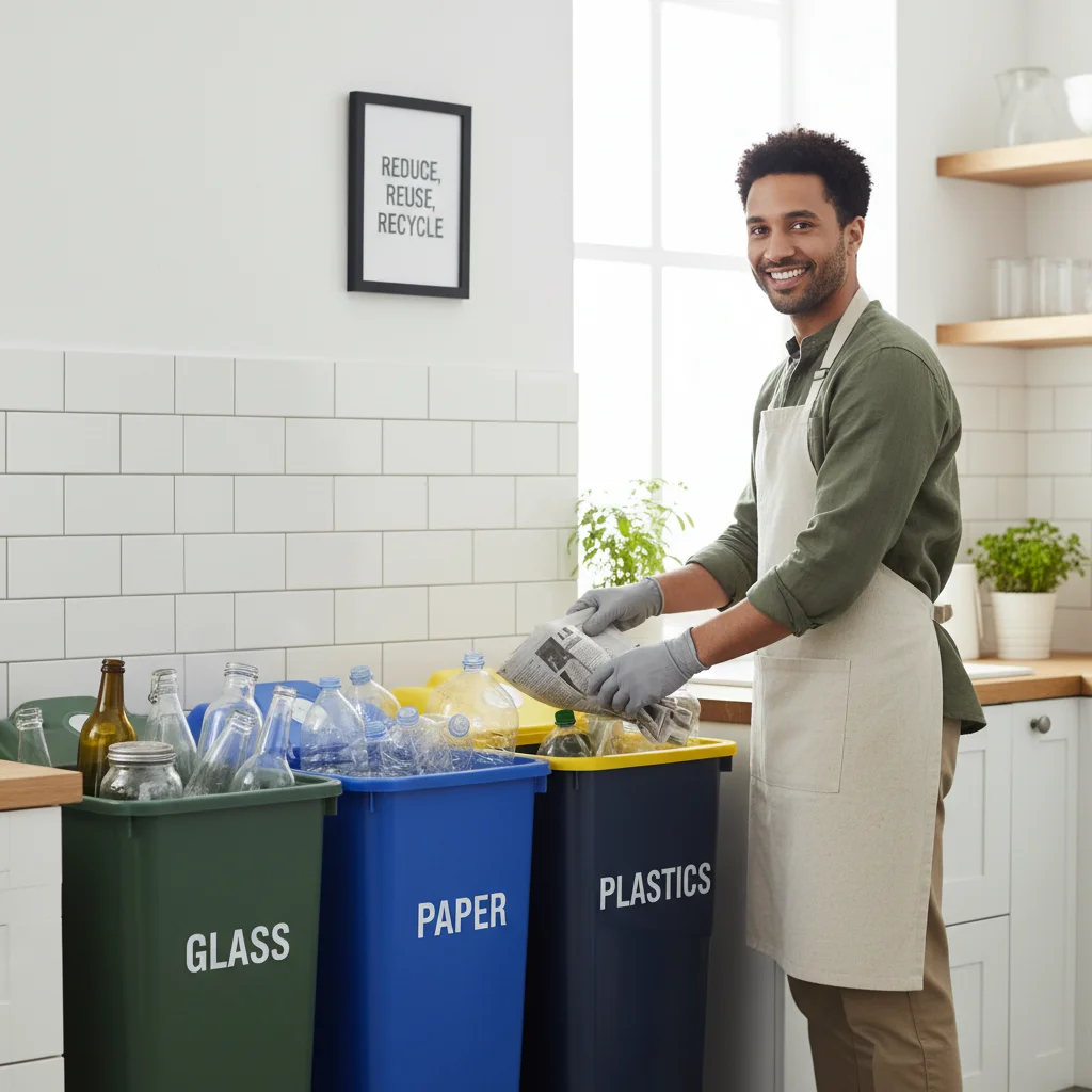 Person effectively sorting recycling in kitchen