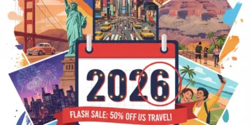 Dynamic collage of US travel destinations with '2026' and '30% Off' banners, symbolizing last-minute travel deals.