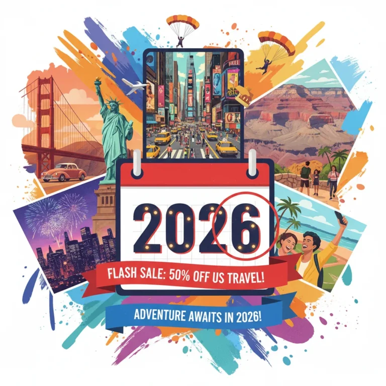 Dynamic collage of US travel destinations with '2026' and '30% Off' banners, symbolizing last-minute travel deals.