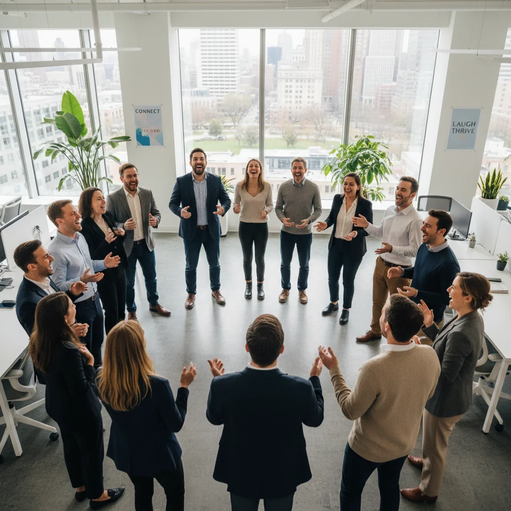 Professionals laughing during a group laughter yoga session, promoting social connection and stress relief.