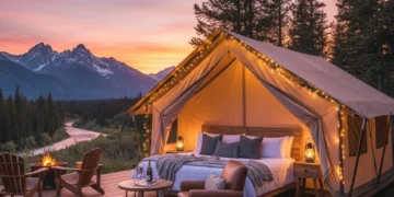 Luxury glamping tent at sunset with mountain view in US