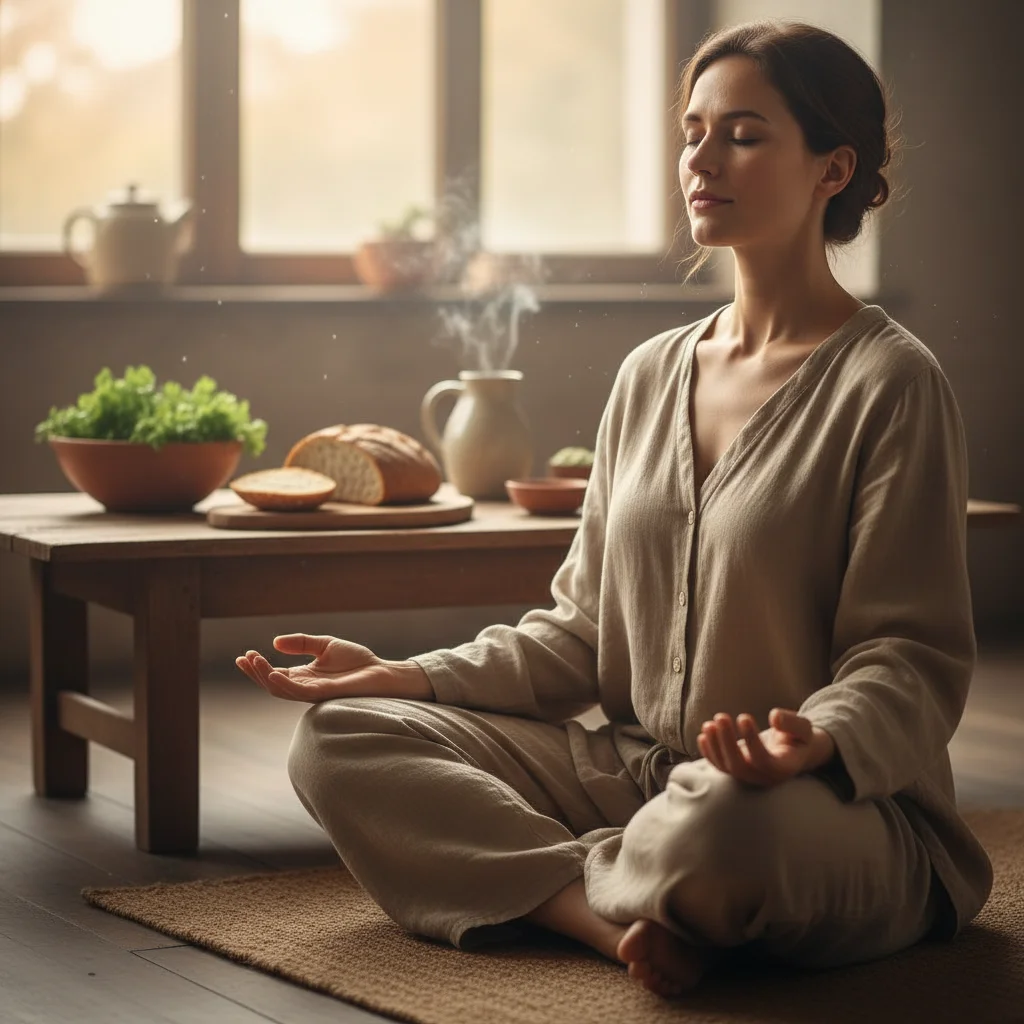 Person meditating peacefully, reflecting on their breath before a meal, promoting mindful eating