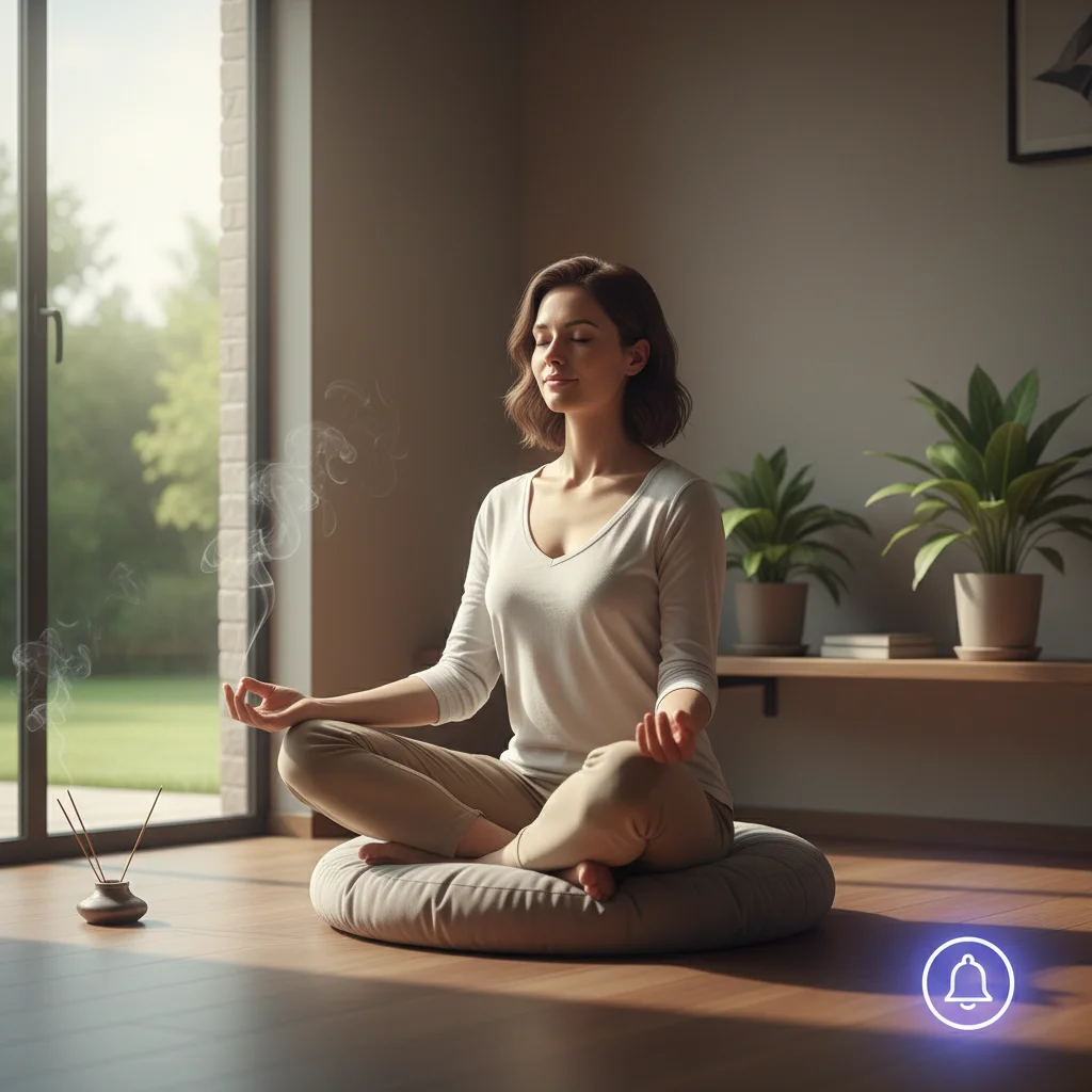 Person meditating with a subtle technology notification, promoting focus