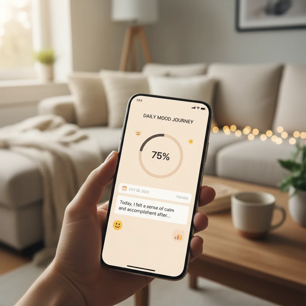 Smartphone displaying mental health app progress tracking and journaling features