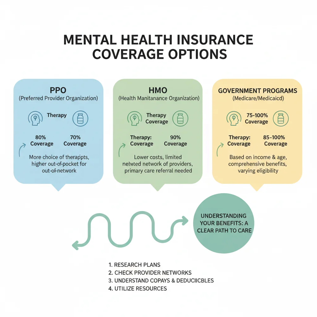 Infographic explaining various mental health insurance coverage types and benefits in the US.
