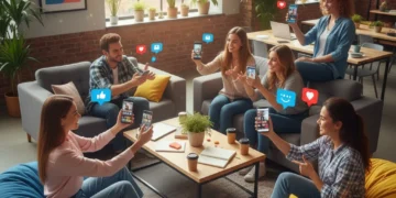 Micro-Influencers: Driving 40% More Engagement in Digital Marketing Micro-influencers engaging with their audience on smartphones in a modern co-working space.