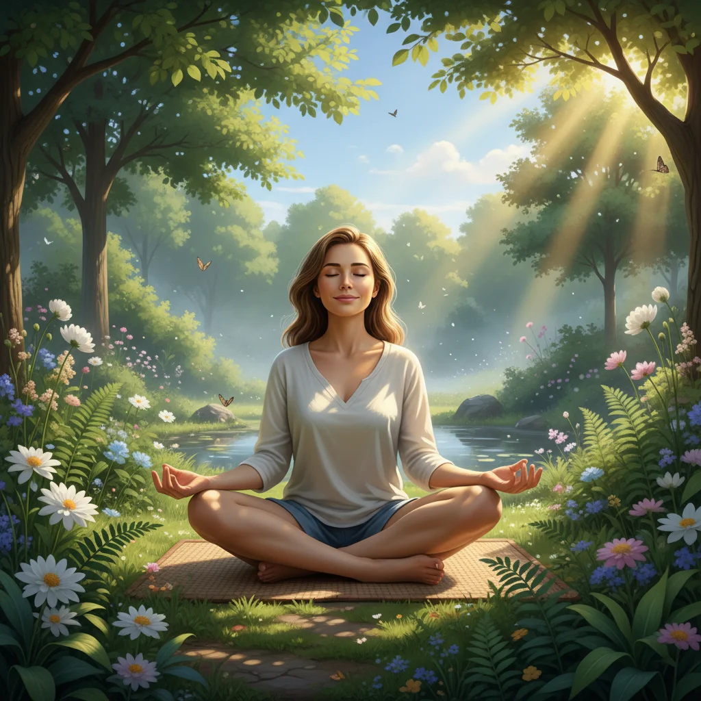 Person practicing mindful breathing in a serene outdoor environment