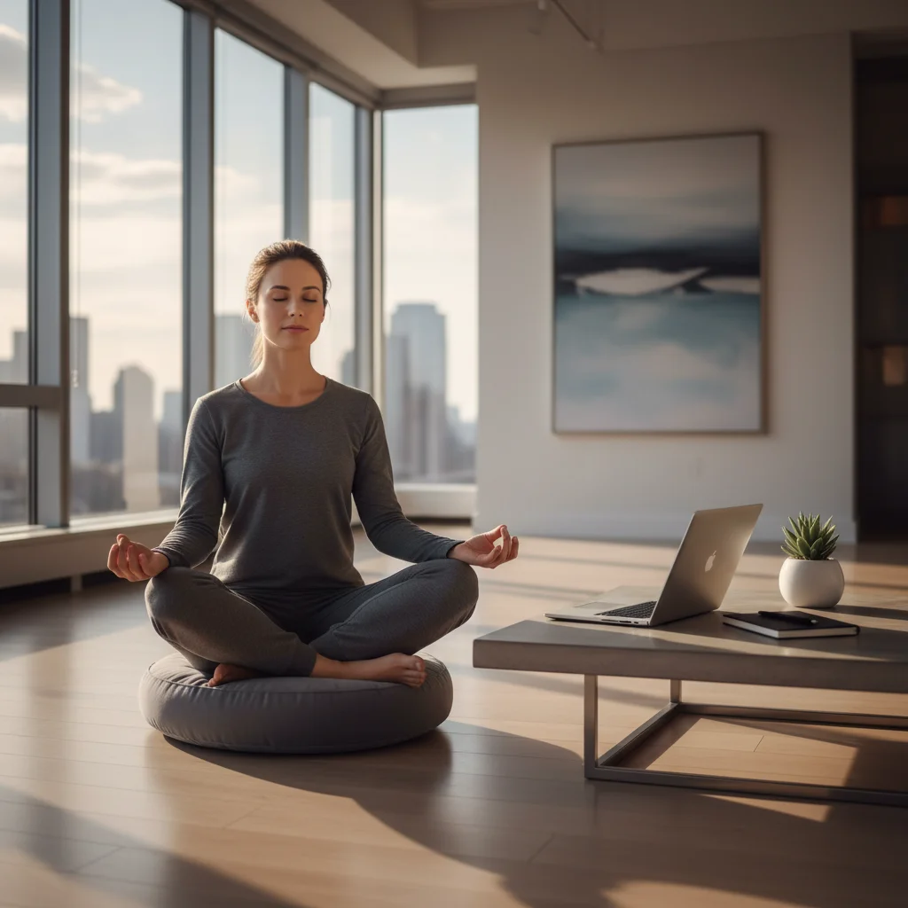 Professional meditating in office, practicing digital detox and mindfulness for stress relief.