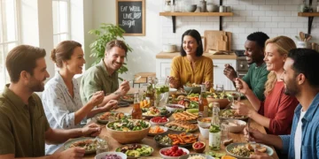 Mindful Eating 2026: Sustainable Weight Management & Gut Health for US Residents Diverse US residents practicing mindful eating with fresh, healthy food in 2026