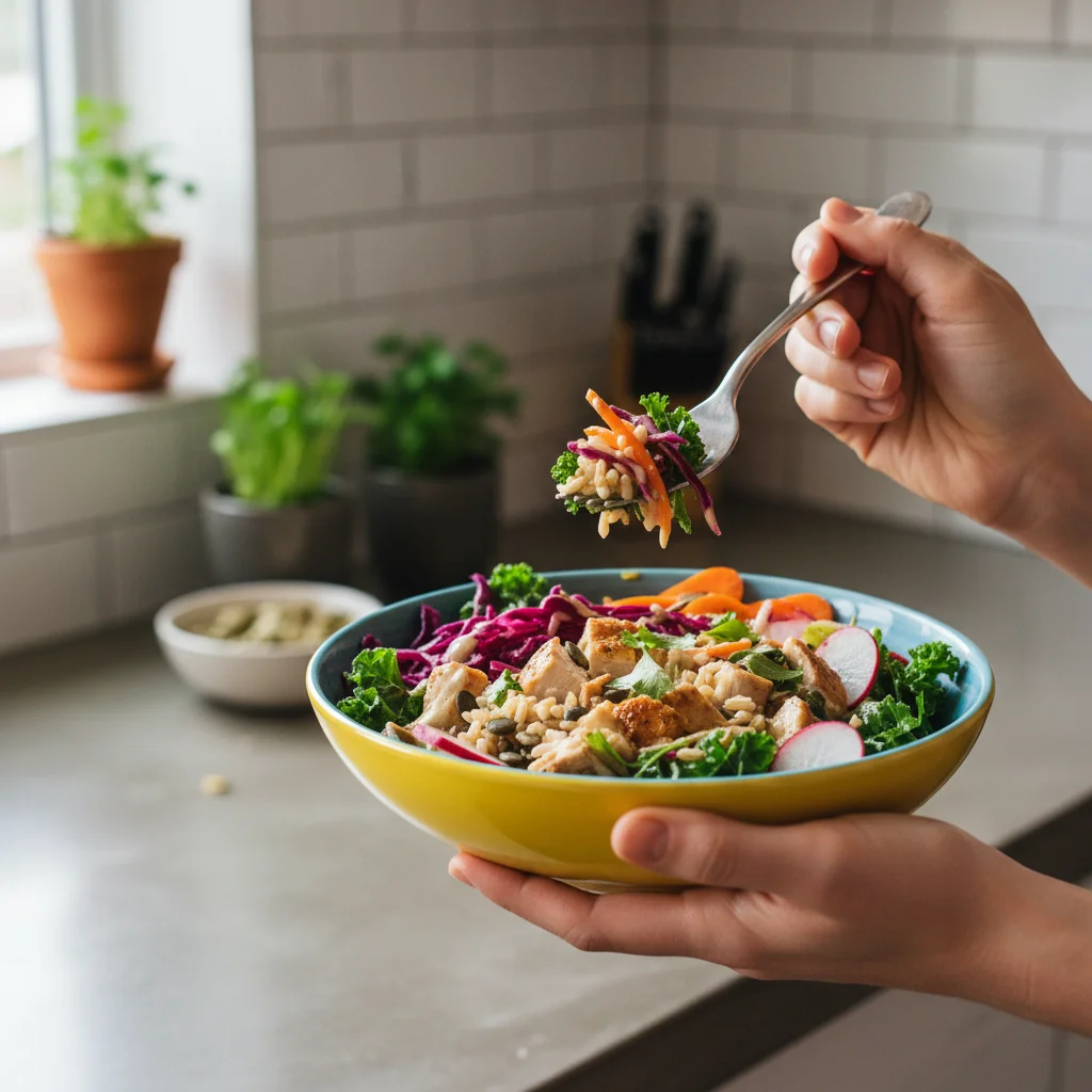 Person mindfully eating a colorful bowl of gut-healthy food, focusing on texture and taste