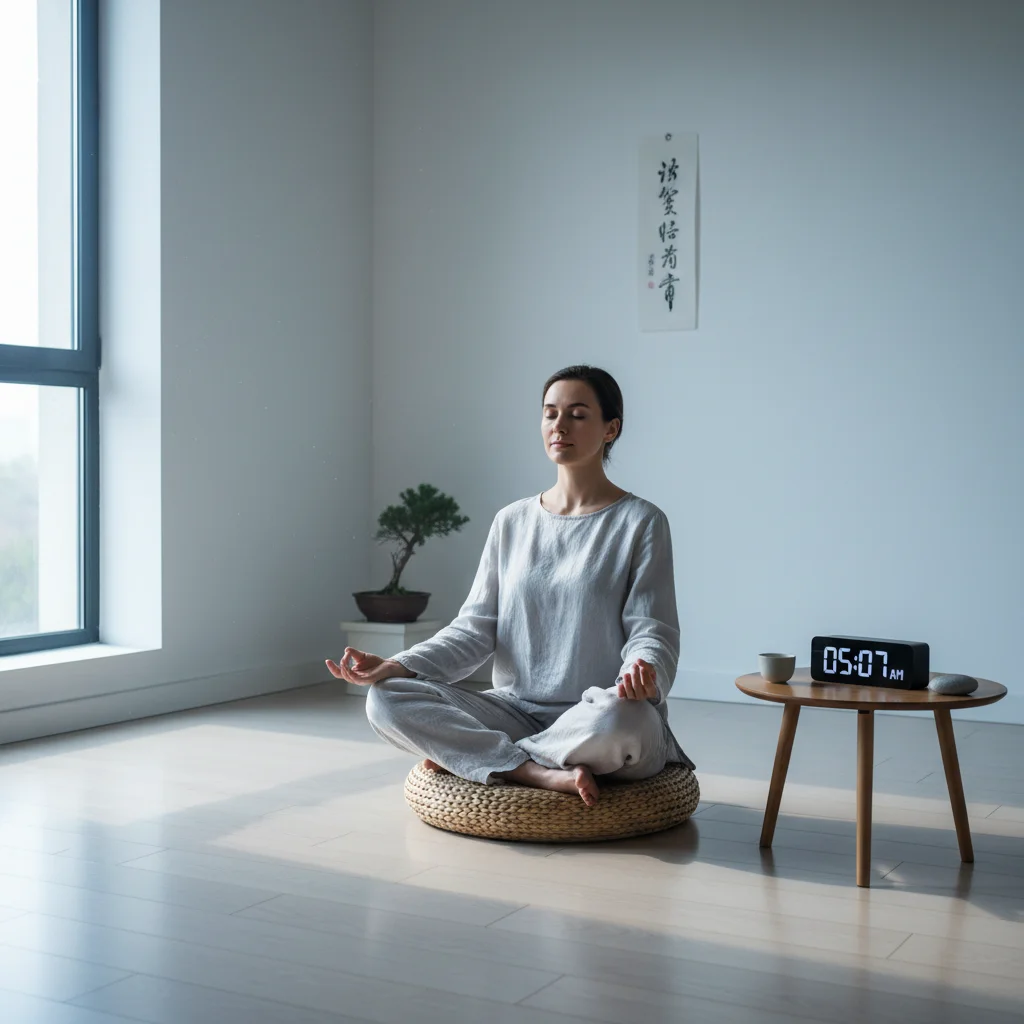 Person meditating in a minimalist room, highlighting tech-free mornings and mindfulness
