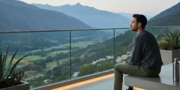 Person practicing mindful technology use outdoors, enjoying nature