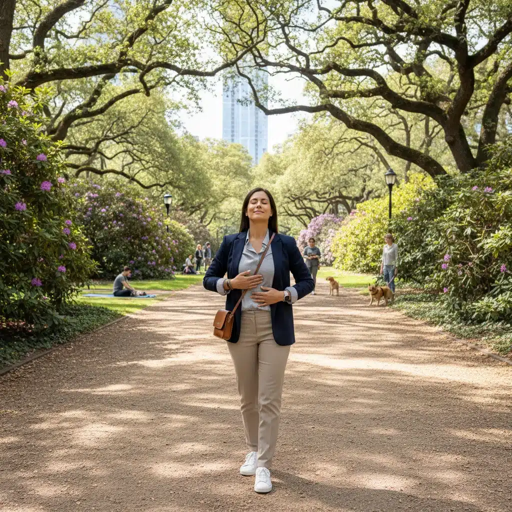 Busy professional taking a mindful walking break in a park