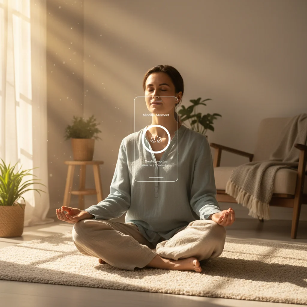 Person meditating with a mindfulness app on a smartphone