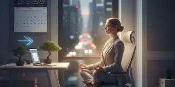 Professional meditating at desk, embodying mindfulness and stress reduction